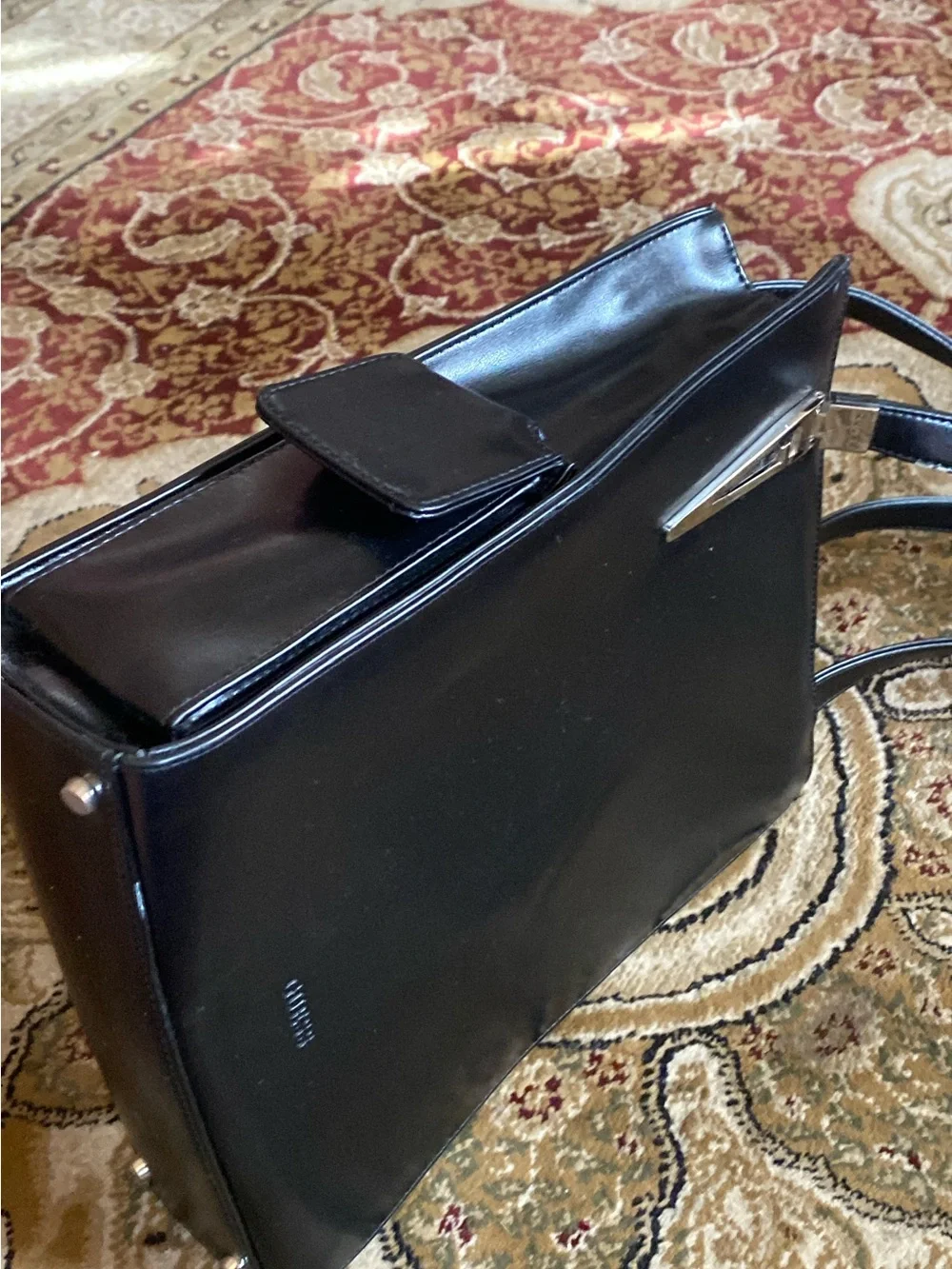 Guess Black Leather Messenger Tote with Silver Hardware